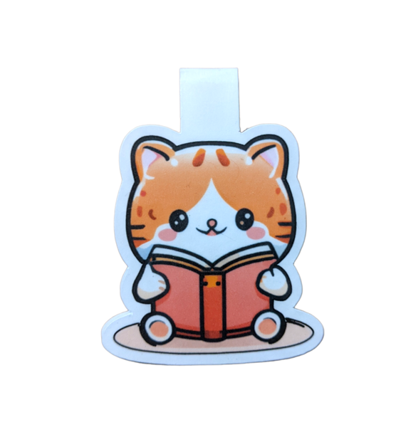 Cute cartoon cat reading a book, magnetic bookmark