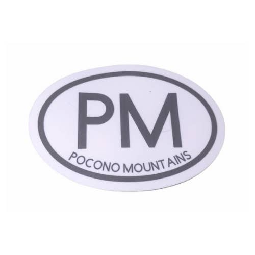 oval white vinyl waterproof sticker/decal that shows a large PM and says Pocono Mountains in black font