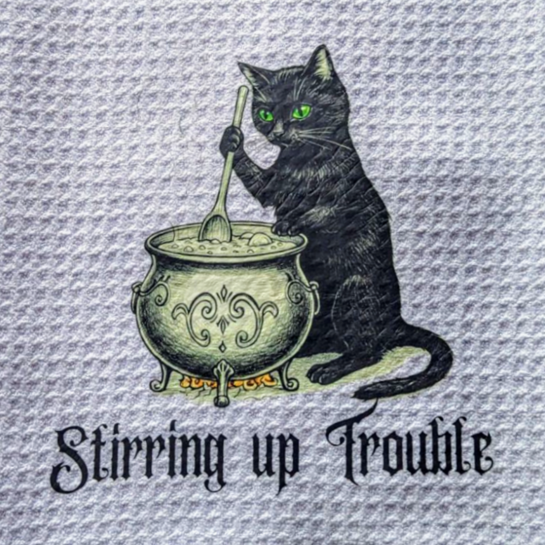 "Stirring Up Trouble" Black Cat Tea Towel