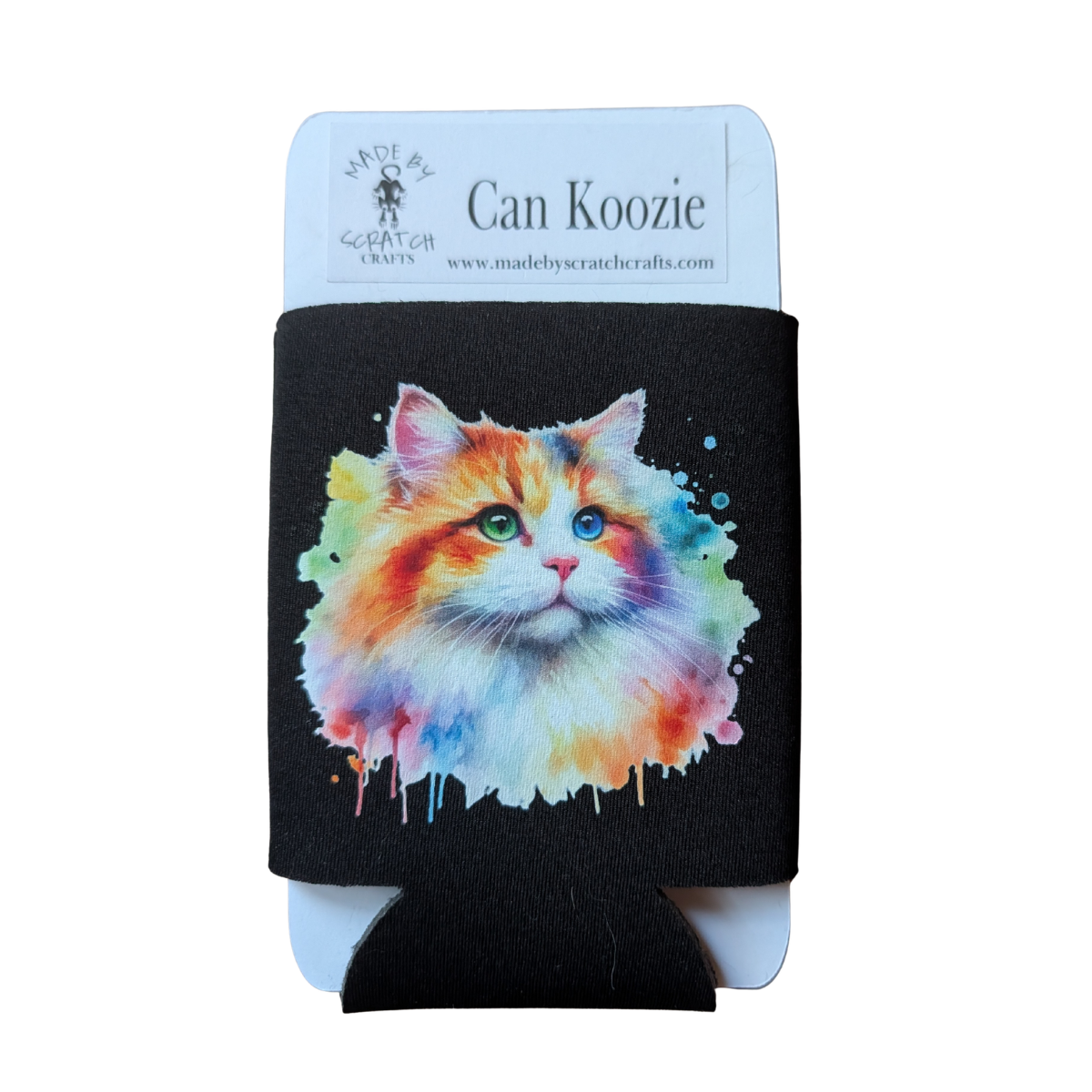 Can koozie with colorful cat design on a white background