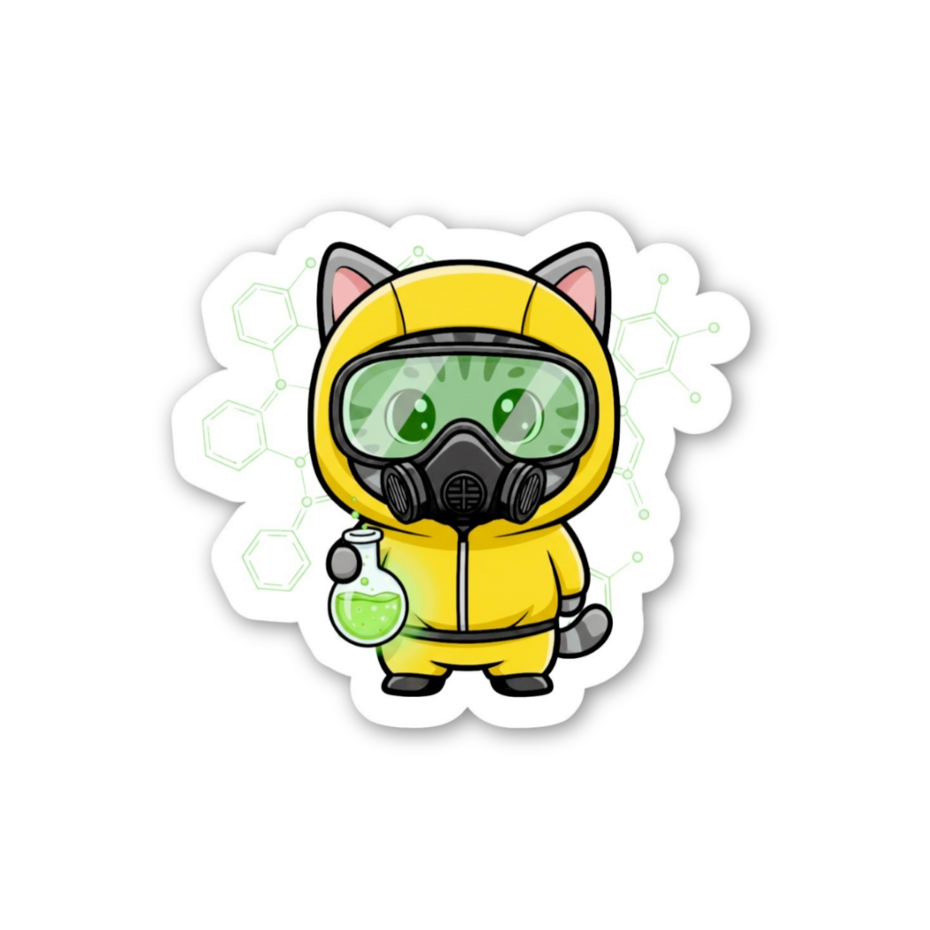 Sticker of a cat in a yellow hazmat suit holding a beaker on a white background