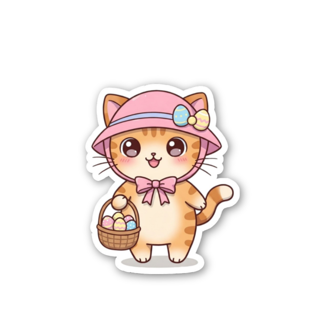 Cartoon cat in a pink hat with Easter eggs on a white background