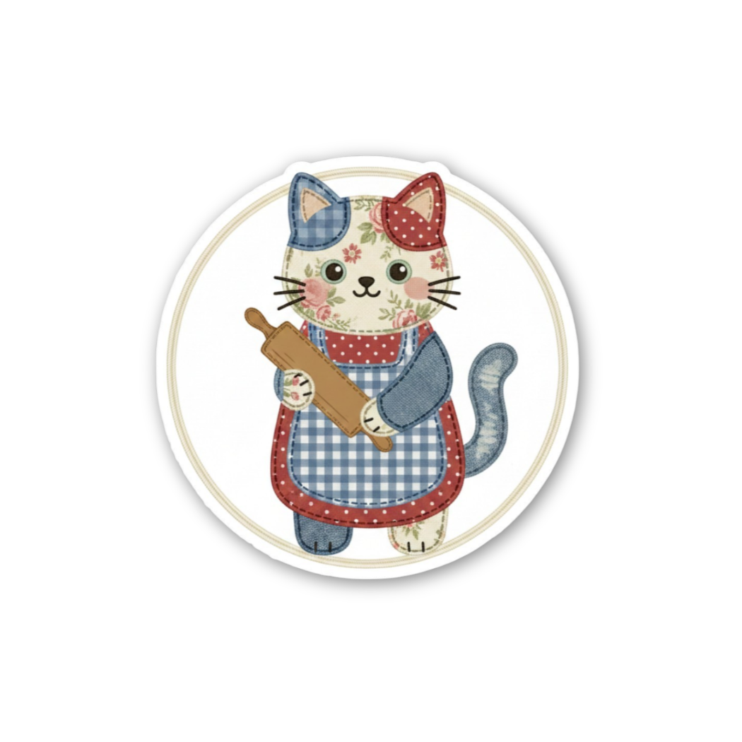 Sticker of a cat in a checkered apron holding a rolling pin on a white background