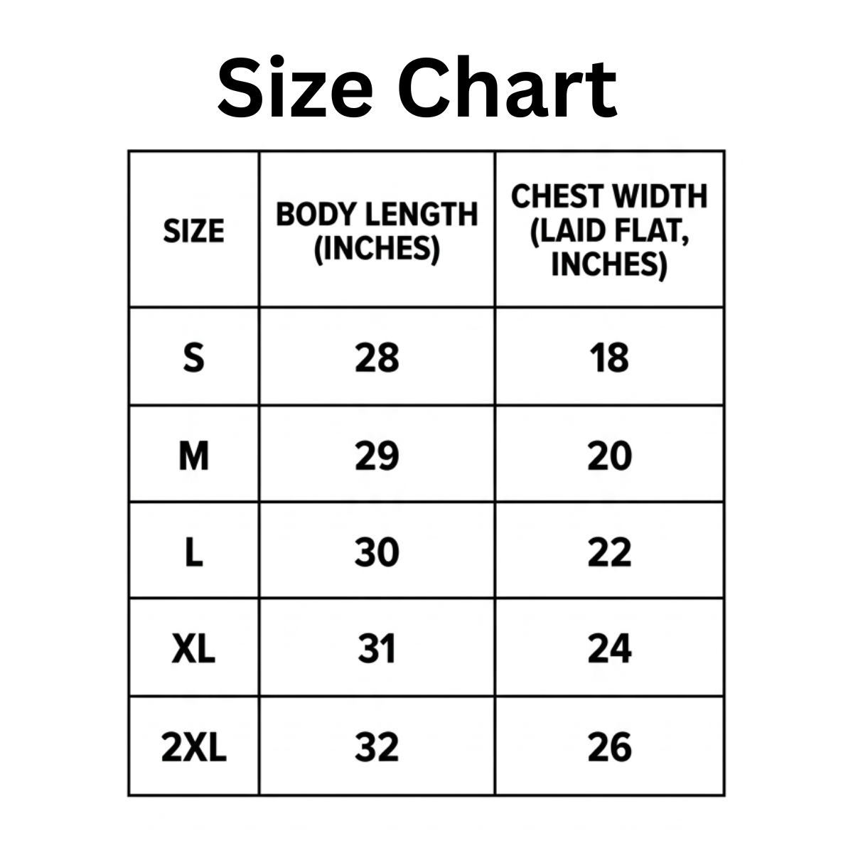 Size chart for clothing with body length and chest width measurements.