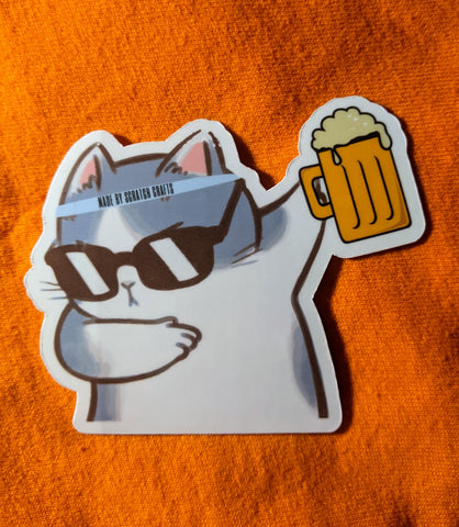 party cat sticker, cat with beer, cool cat with sunglasses
