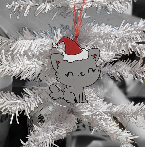 Gray Kitten with Santa Hat acrylic ornament - Made By Scratch Crafts