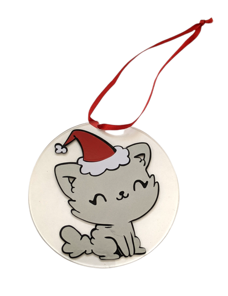 Gray Kitten with Santa Hat acrylic ornament - Made By Scratch Crafts