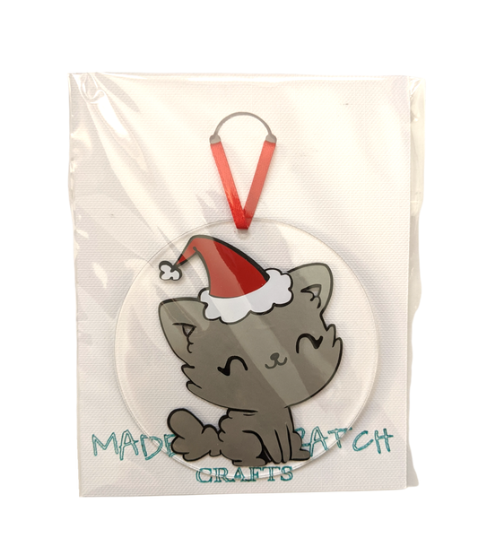 Gray Kitten with Santa Hat acrylic ornament - Made By Scratch Crafts