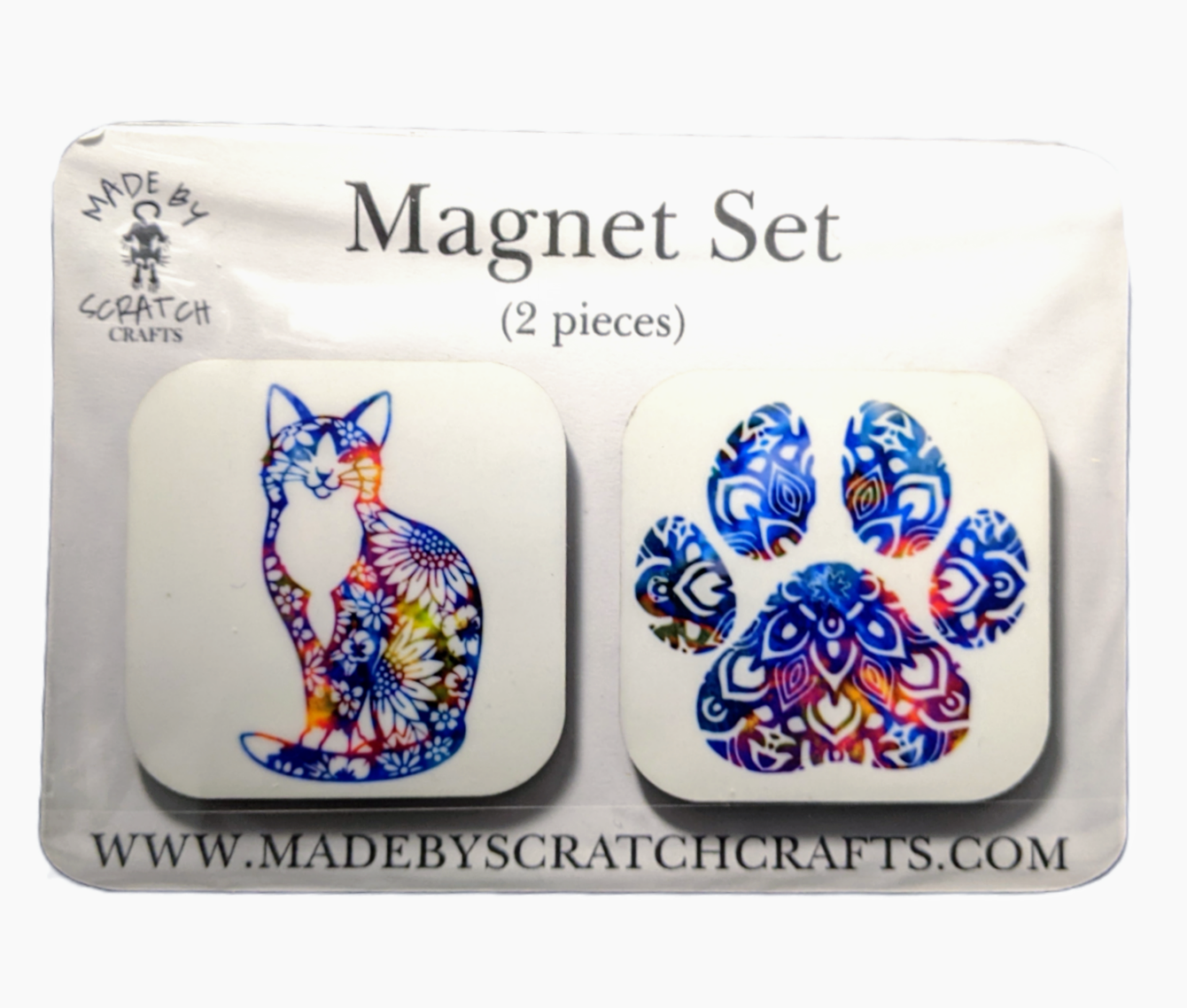 colorful cat and paw print square refrigerator magnets