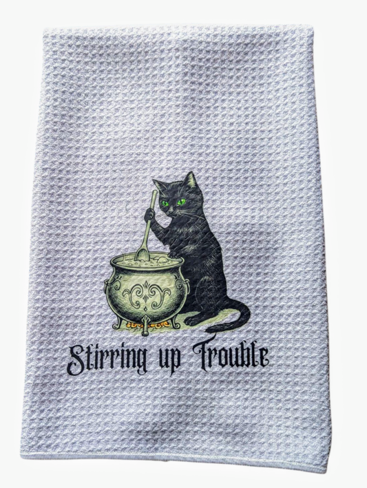 "Stirring Up Trouble" Black Cat Tea Towel