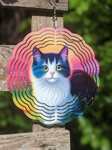 8-inch Cat Wind Spinner: Enhance your outdoor space with the captivating 8-inch Cat Wind Spinner! This beautiful spinner showcases a colorful design of a black and white fluffy cat against a backdrop of vibrant sky and flowers. Made of double-sided aluminum, it includes a convenient hook for easy installation. Perfect for gardens or porches, this charming piece is sure to delight any cat enthusiast!