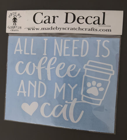 All I Need is Coffee and My Cat Car Decal: Show off your love for coffee and your pet cat with this clever car decal! Measuring approximately 4.5 inches by 3.5 inches, it's made of durable vinyl with a minimum life expectancy of 6 years. Withstanding temperatures from -40°F to 176°F, it's easy to apply and comes with instructions. Transform your car while staying caffeinated and embracing your feline adoration!