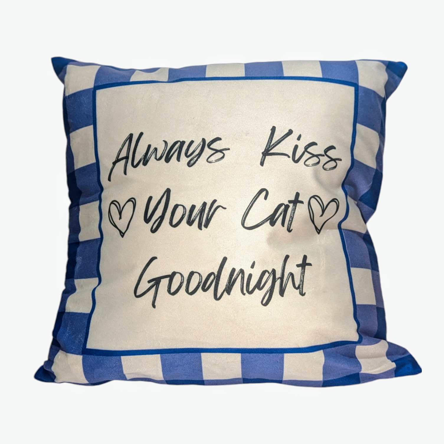 Charming pillow cover with a stylish blue plaid border, featuring the phrase "Always Kiss Your Cat Goodnight," ideal for cat lovers.