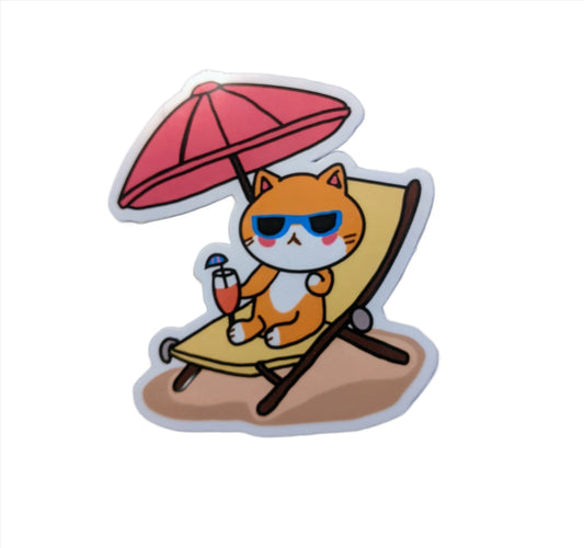 beach life cat sticker lounging in beach chair with sunglasses