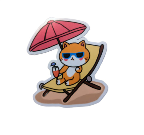 Beach Life Cat Sticker: Escape to a sunny paradise with our Beach Life sticker featuring a relaxed cat wearing sunglasses, lounging in a beach chair under a beach umbrella. Made from premium 3-inch die-cut vinyl, this waterproof sticker is perfect for laptops, water bottles, journals, and more. Bring coastal coolness to your belongings with our Beach Life cat sticker.