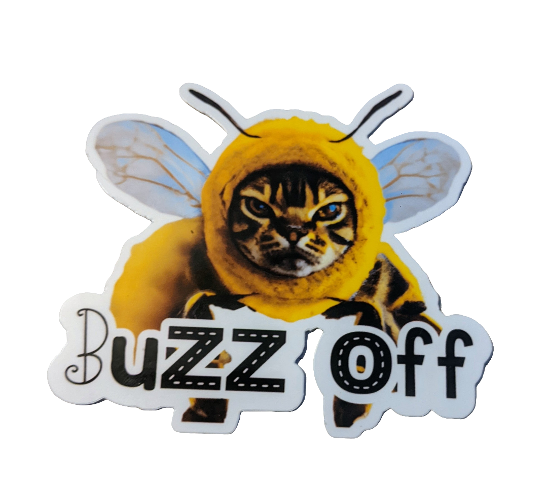 grumpy cat wearing a bee costume with buzz off text vinyl sticker