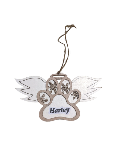 Angel Wings Paw Print Memorial Ornament: Honor your beloved pet with this beautiful ornament, perfect for the Christmas tree. Available in two color options: white wings and tan paw, or tan wings with white paw. Approximately 5.6 inches wide and 3.2 inches tall. Ideal for dog or cat lovers grieving the loss of a special friend. Please note: for personalization, shorter names work best due to font size limitations. Double-check spelling when adding your pet's name.