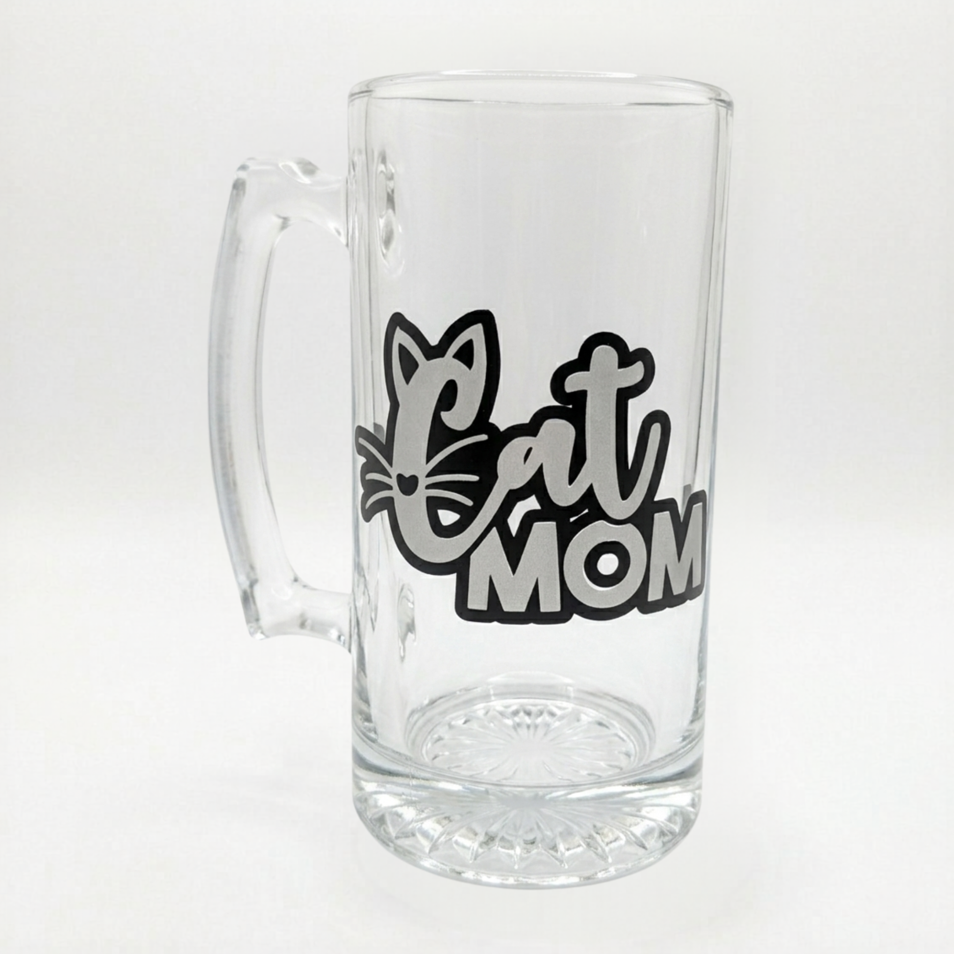 Clear glass mug with 'Cat Mom' text and cat icon on a white background