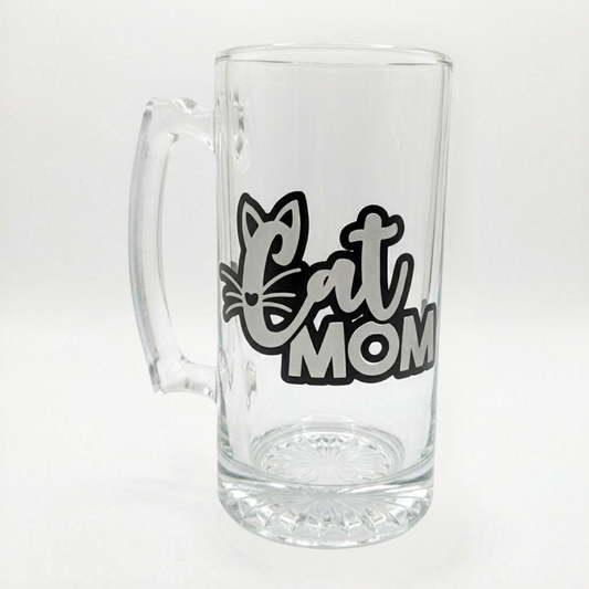 Clear glass mug with 'Cat Mom' text and cat icon on a white background