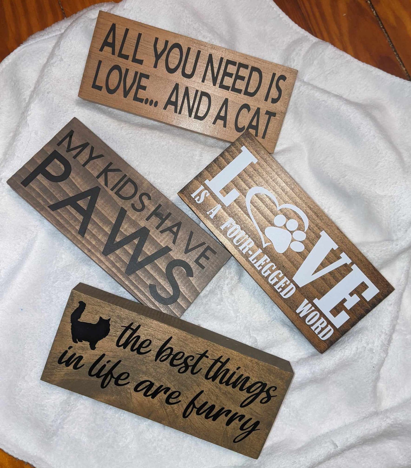 Wooden cat shelf sitter sign with rustic stain and pet quote