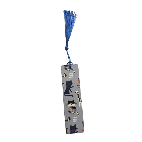 A rectangular bookmark made of lightweight, sturdy aluminum with a light blue/grayish background and a pattern of stylized cats, hanging from a blue tassel.