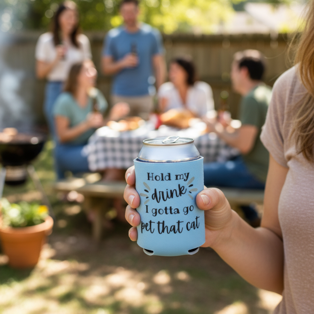 Person holding a can with text at a outdoor gathering
