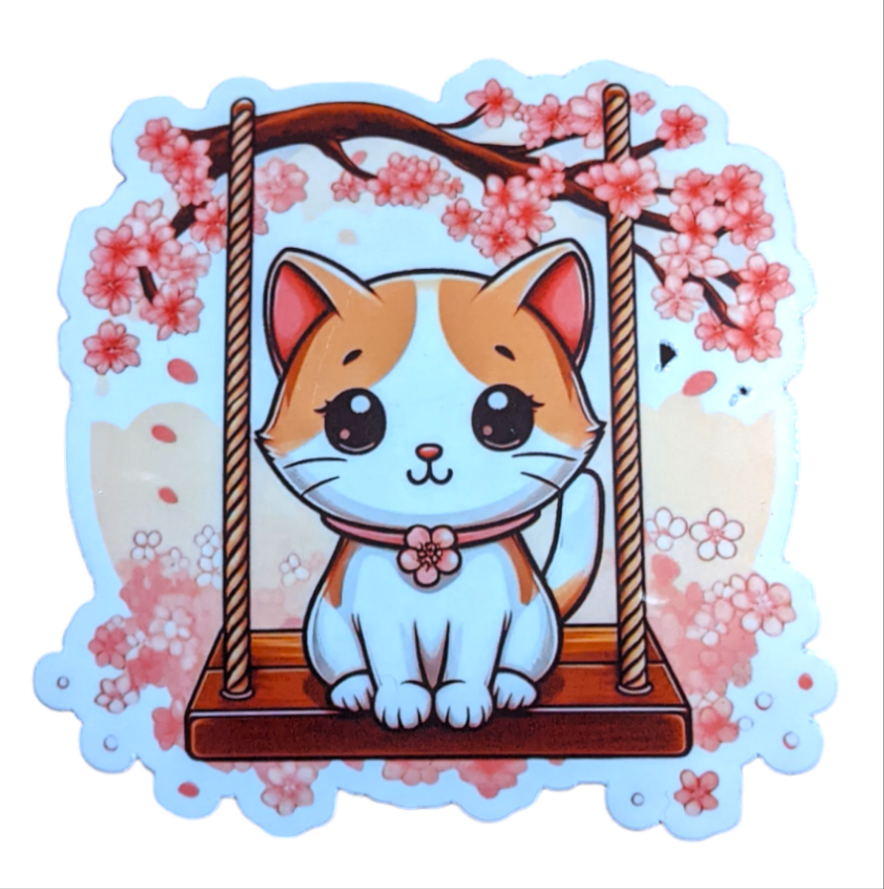Cherry Blossom Swinging Cat sticker - Made By Scratch Crafts
