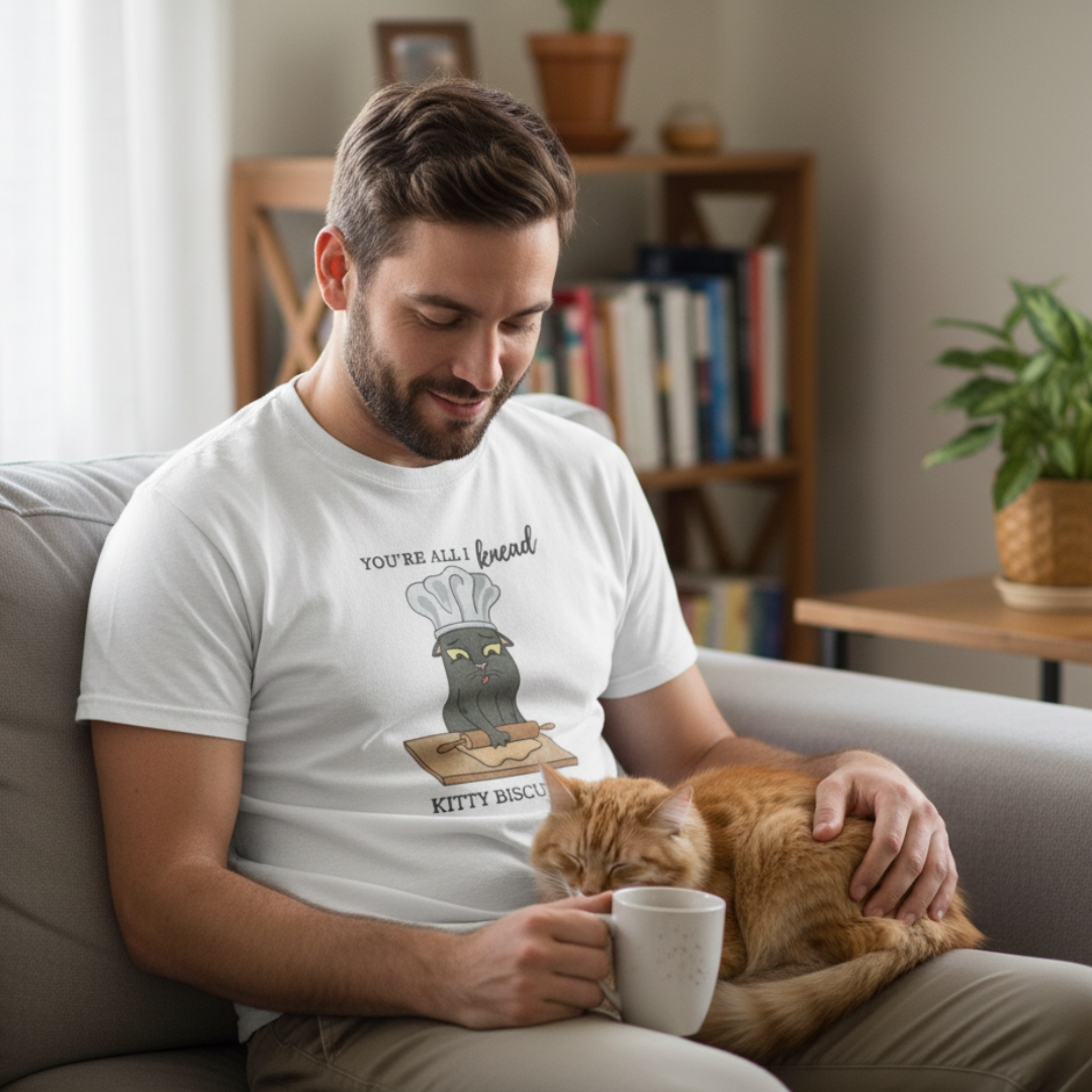 Man sitting on a couch with a cat and a mug, wearing a t-shirt with a baking cat design.