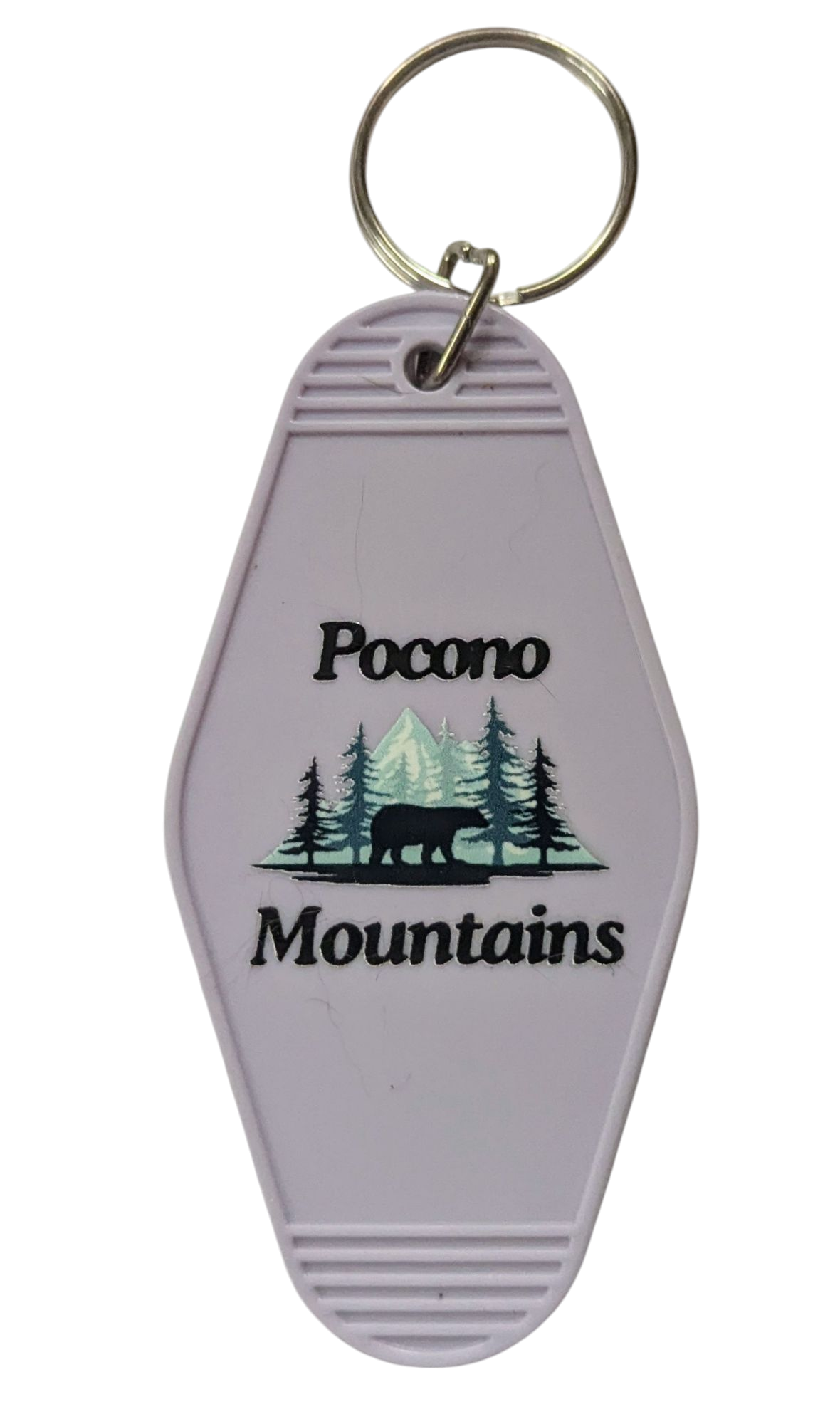 Vintage-style motel keychain with 'Pocono Mountains' text and a bear walking through pine trees design, in a random color.