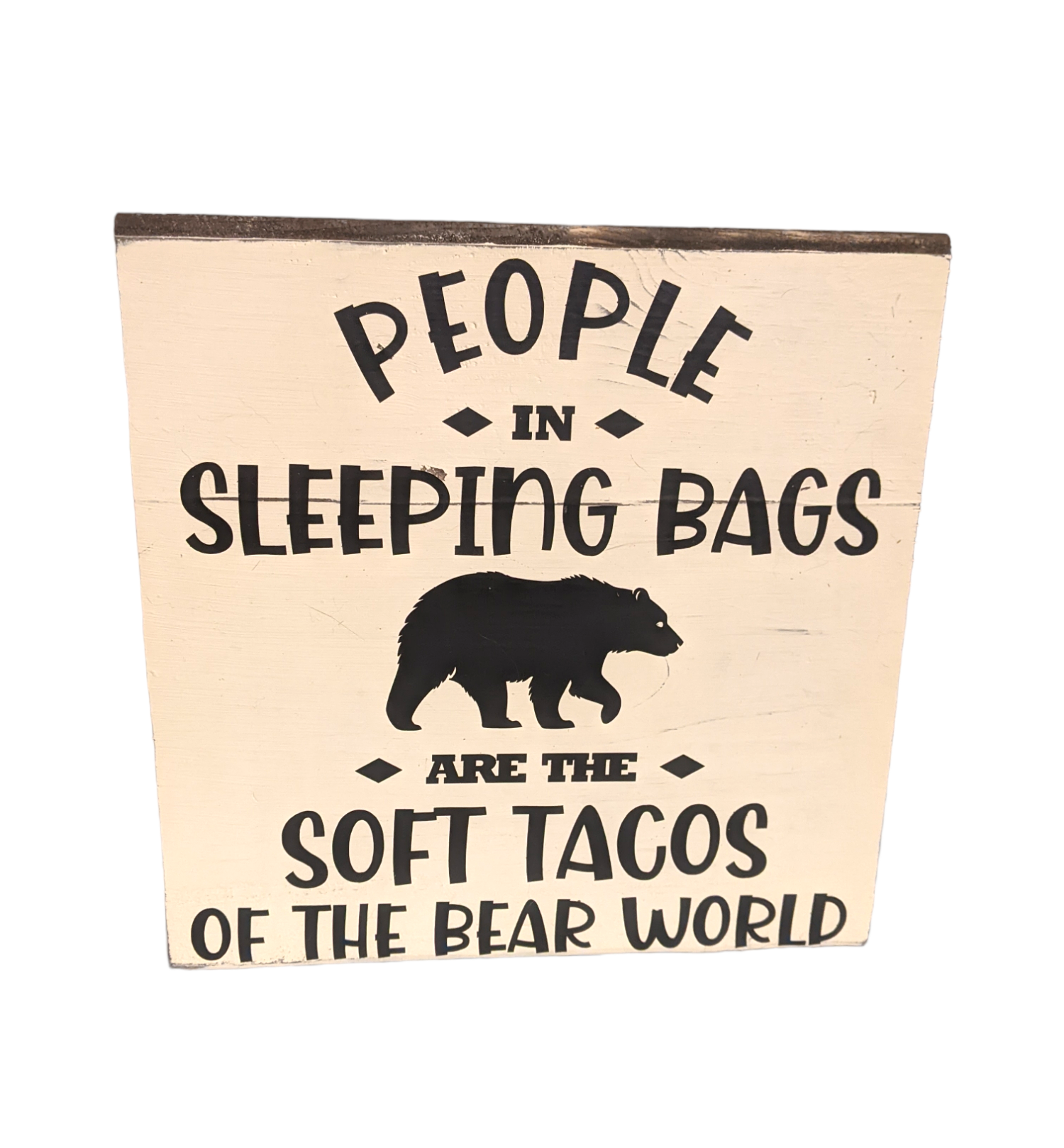 People in Sleeping Bags wood sign