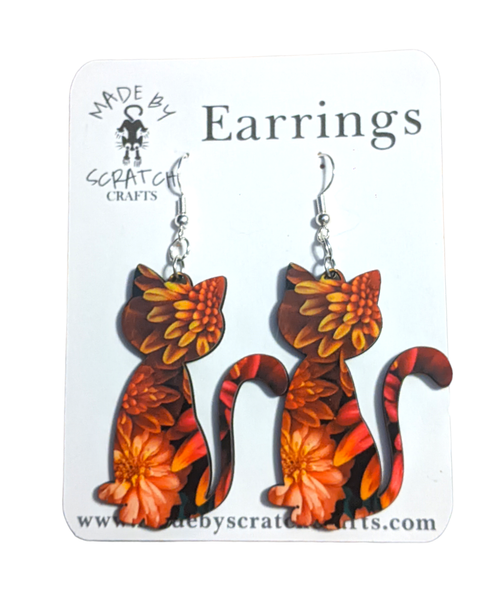 Flower Cat Wood Earrings
