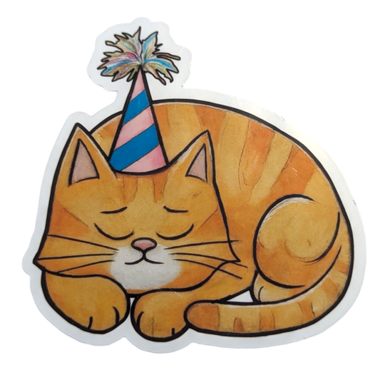 Sticker of a cat wearing a party hat taking a nap, on a white background