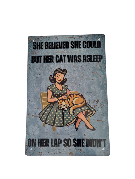 "She Believed She Could" 8"x12" Rustic Vintage Metal Cat Sign