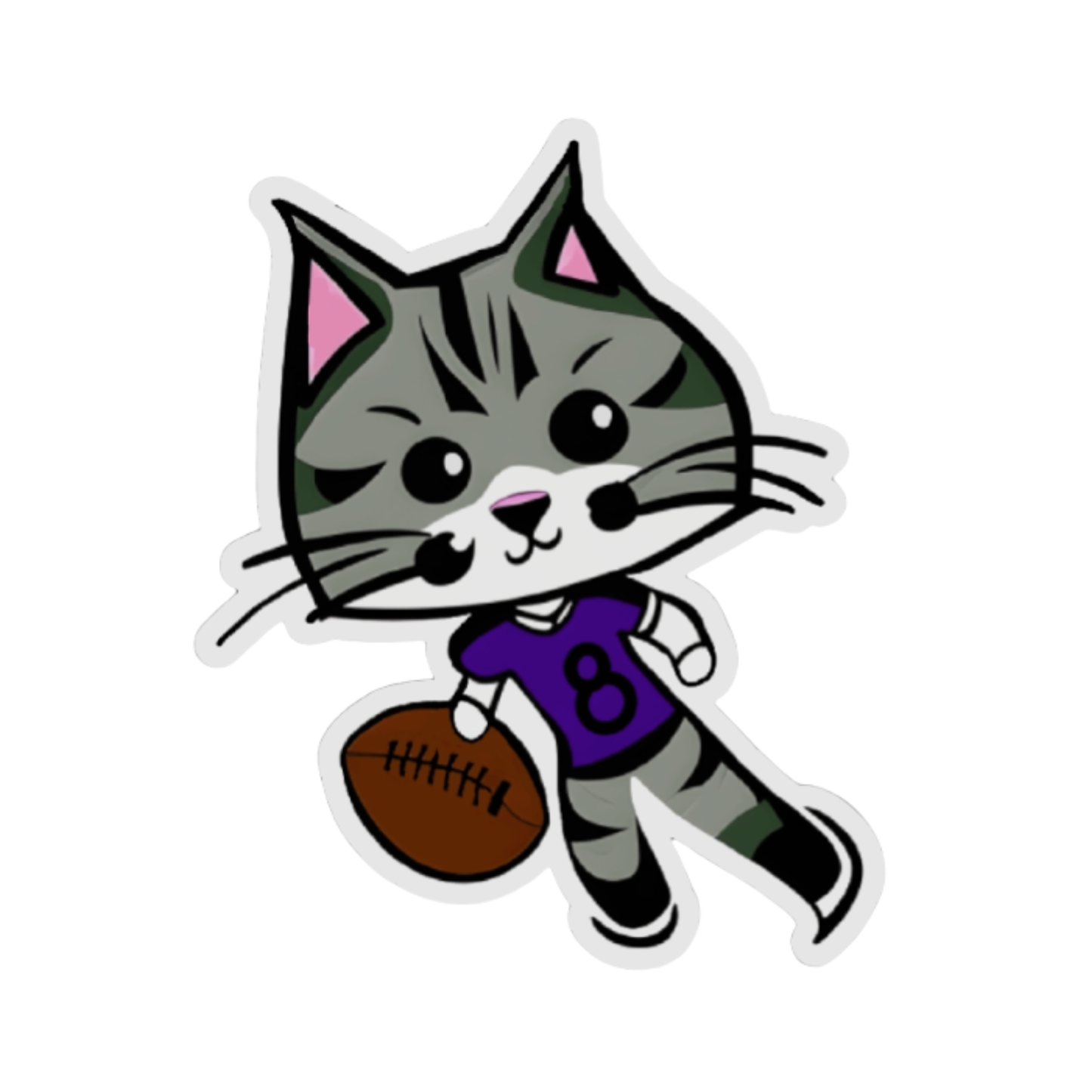 Sticker of Cartoon cat in a football jersey holding a ball on a white background