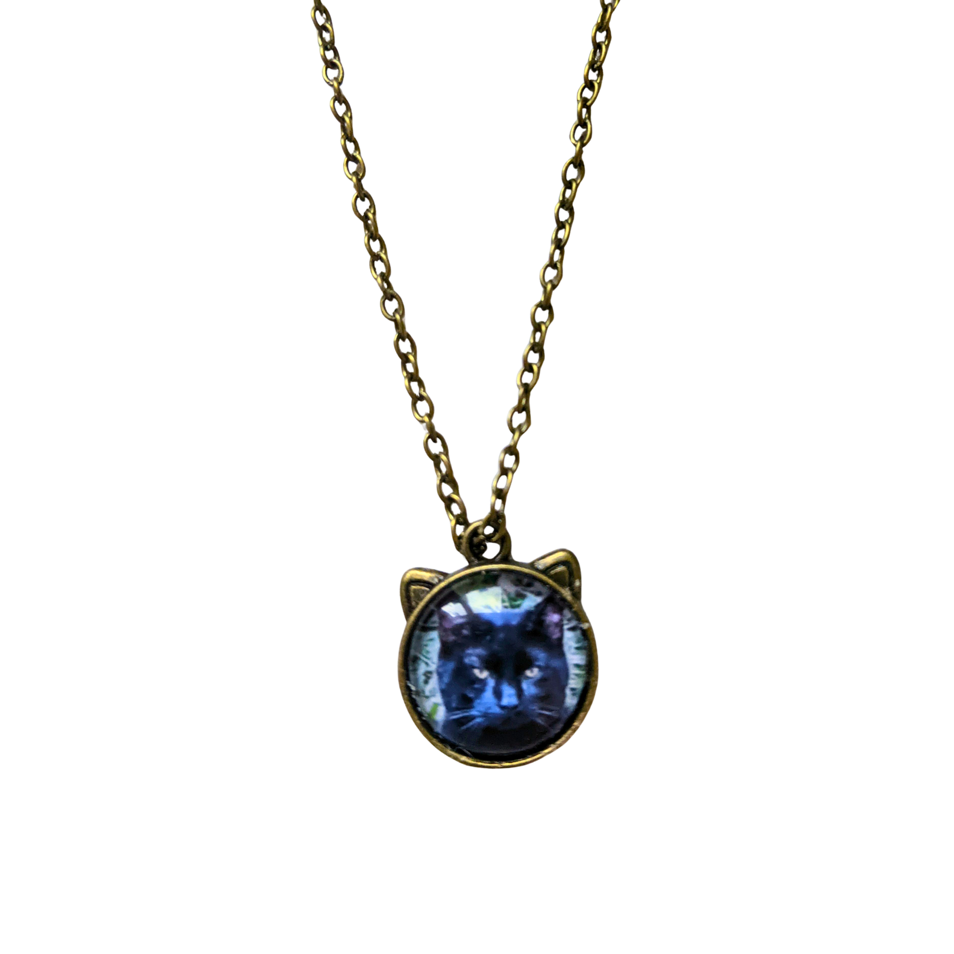 Necklace with cat ears that hods a  a photo of a cat pendant on a white background