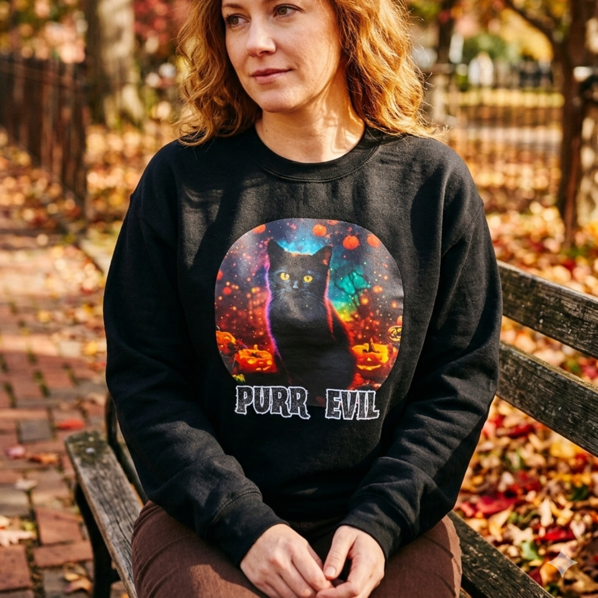 Person wearing a black sweatshirt with a colorful cat design and 'Purr Evil' text, sitting on a bench.