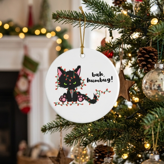 Bah, Humbug Black Cat Ceramic Ornament | Funny Cat Christmas Ornament