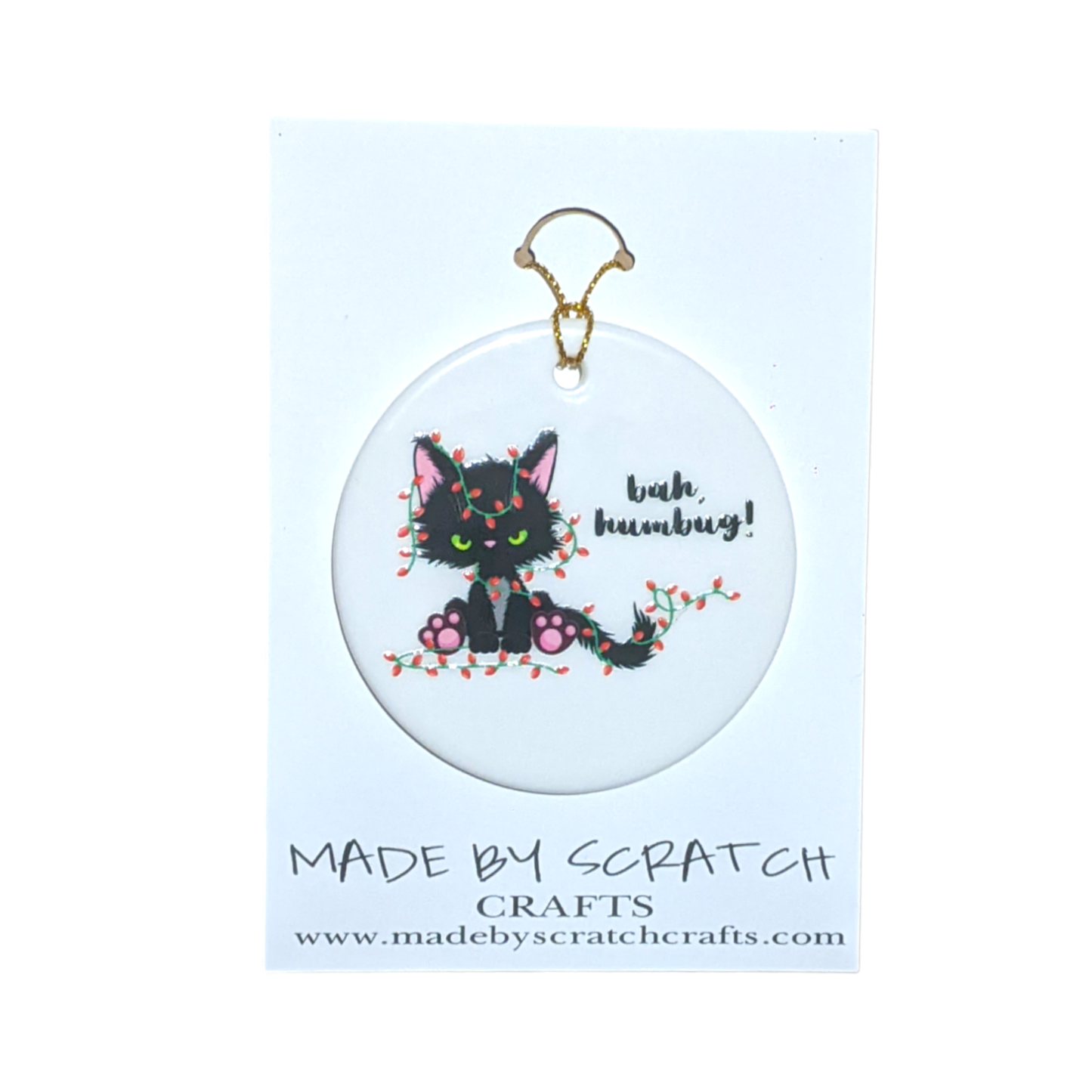 Bah, Humbug Black Cat Ceramic Ornament | Funny Cat Christmas Ornament