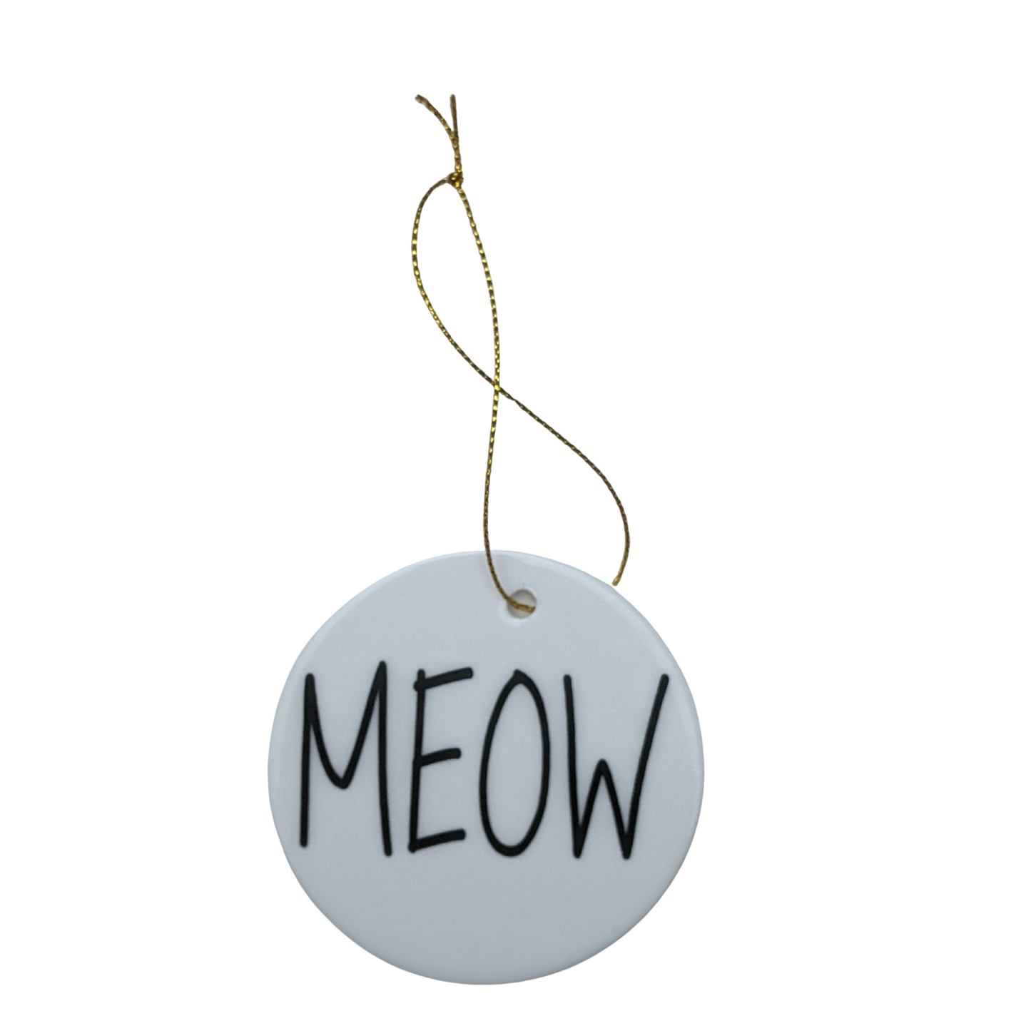 Round ceramic white ornament with 'MEOW' text on a white background