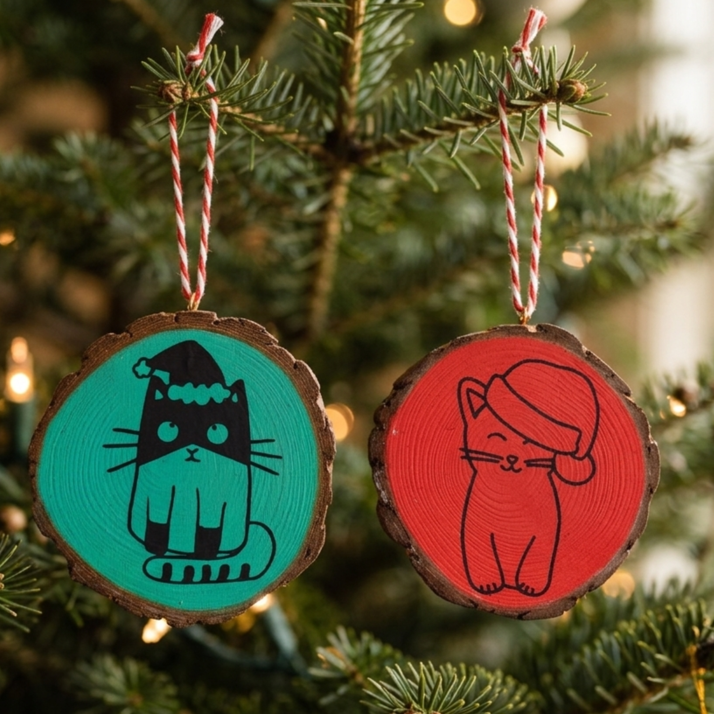 Christmas Cat Wood Slice Ornaments – Rustic Cat Lover Holiday Decor