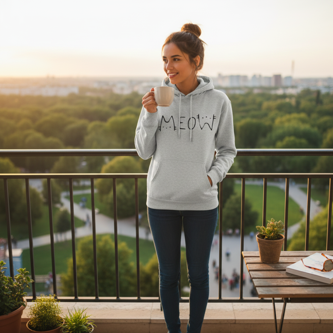 Woman in a gray hoodie with 'MEOW' text holding a mug on a balcony with a scenic view.