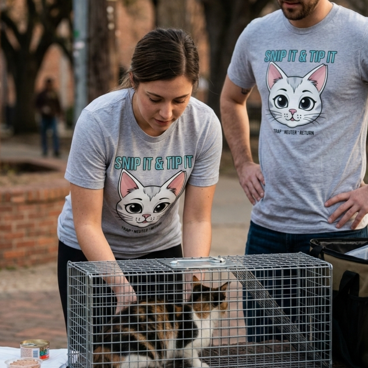 Two people wearing t-shirts with a cat graphic and text, standing next to a wire cage with a cat inside.