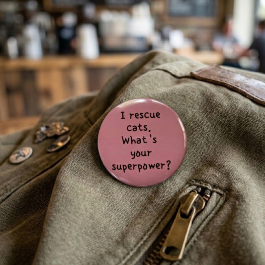 Pink button with text on a jacket in a blurred indoor setting