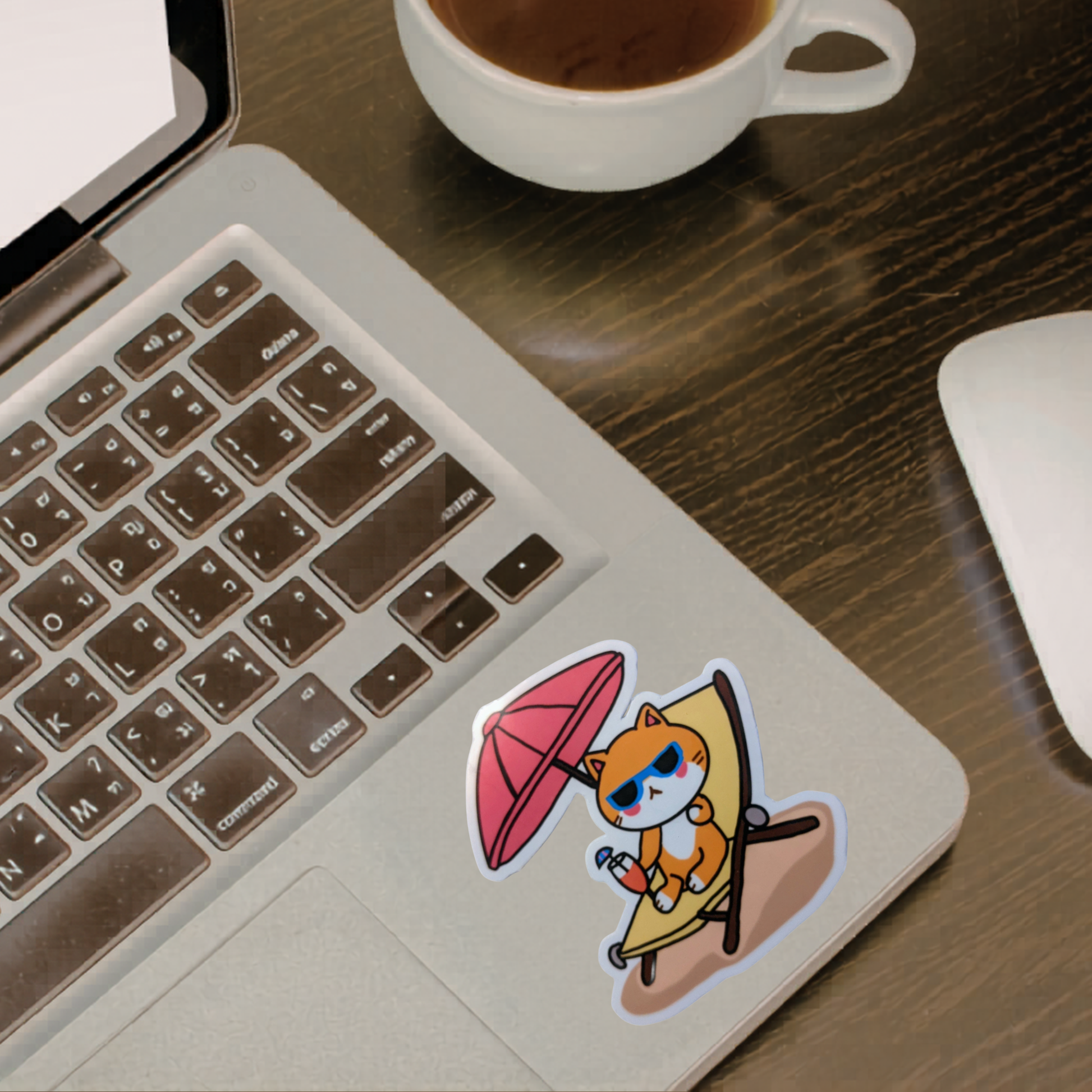 Laptop with a cat sticker under an umbrella on a wooden desk with a cup of coffee.
