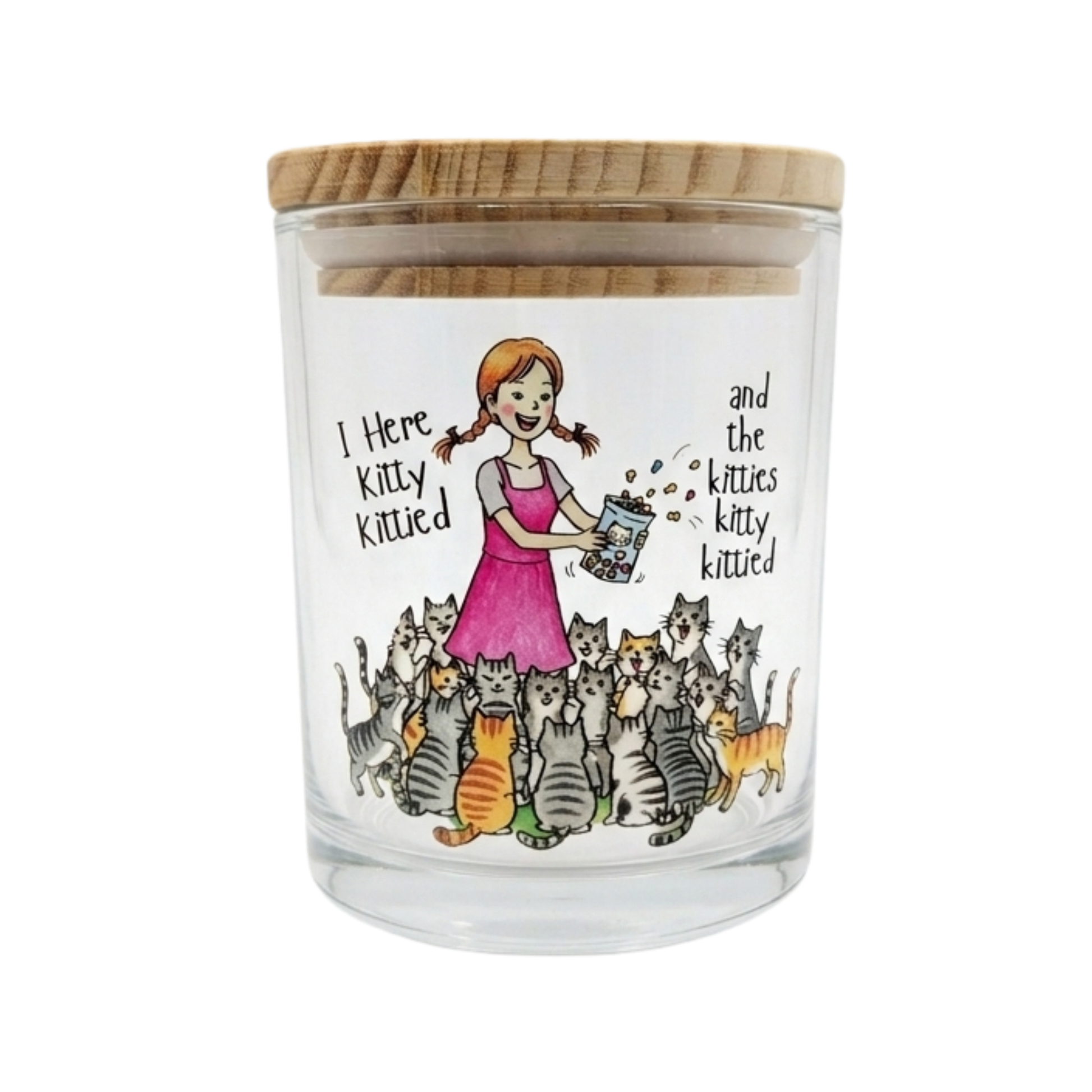 Treat jar with a wooden lid featuring an illustration of a woman surrounded by cats and text on a white background.