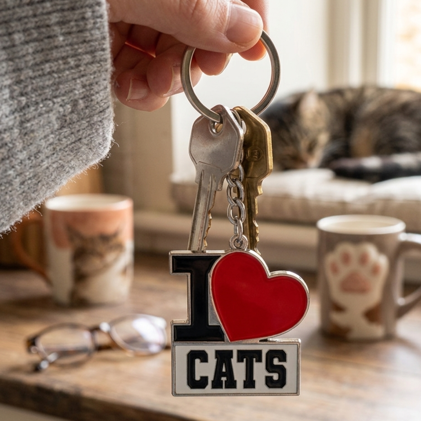 Keychain with 'I ❤️ CATS' text held by a hand, with a cat and coffee cups in the background.