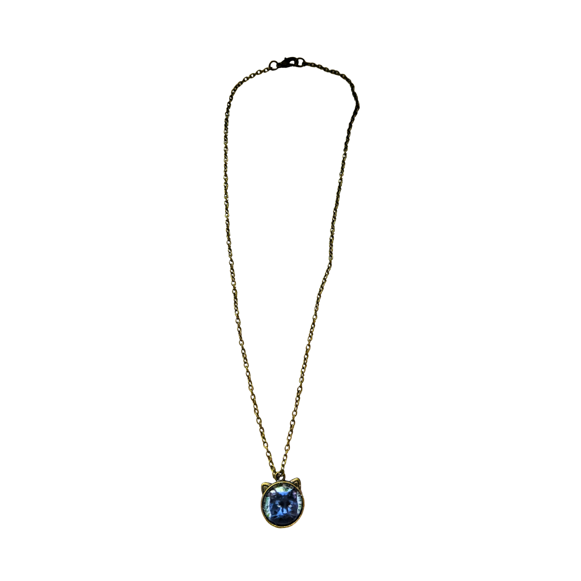 Necklace with a cat pendant that holds photo.