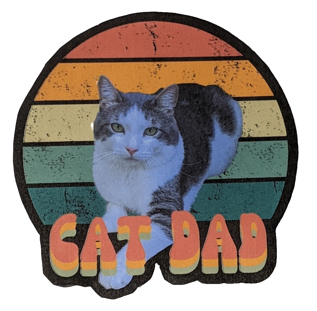 Cat Dad sticker with retro rainbow stripes and lounging cat