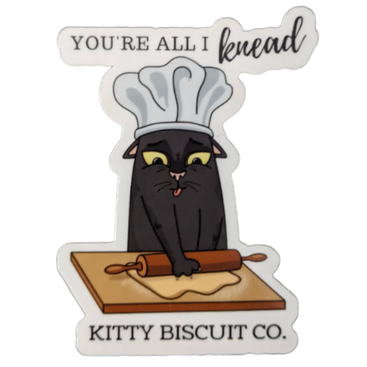 You're All I Knead cat sticker featuring a baking cat kneading dough