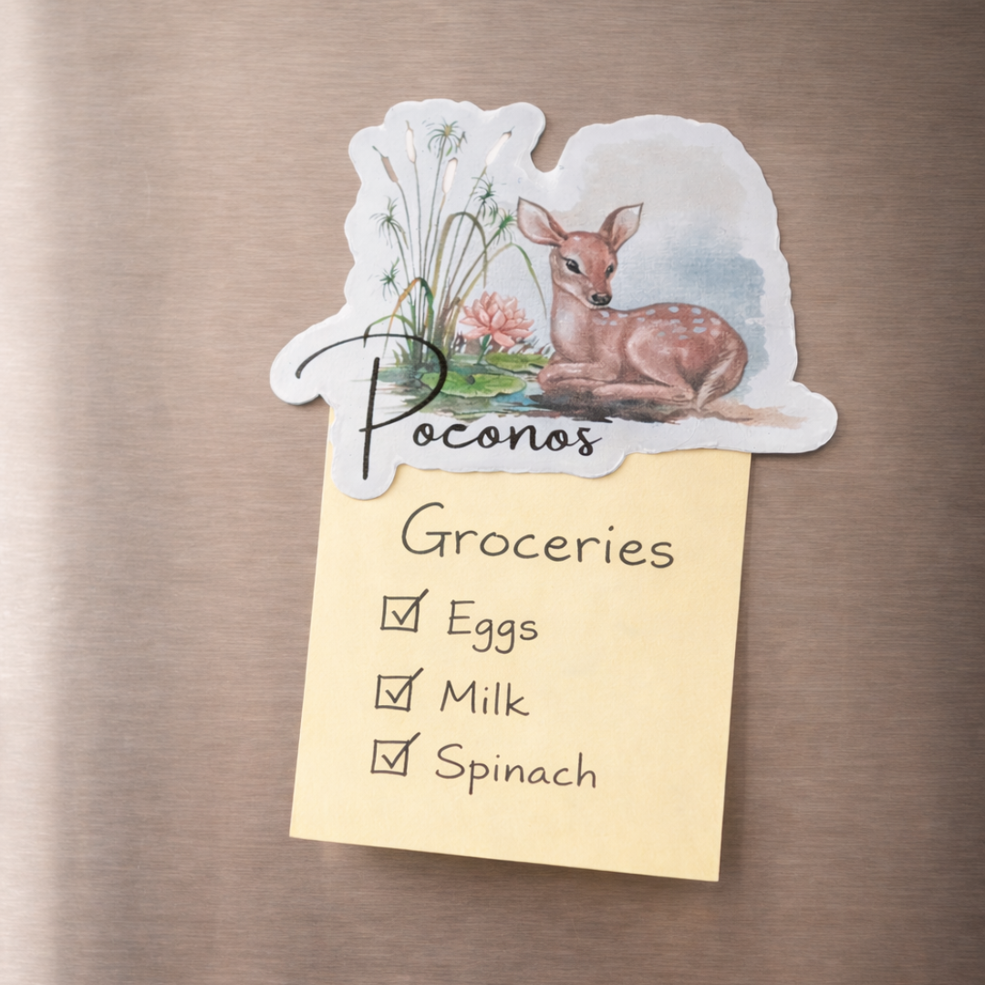 Note with a deer illustration and grocery list on a metallic surface